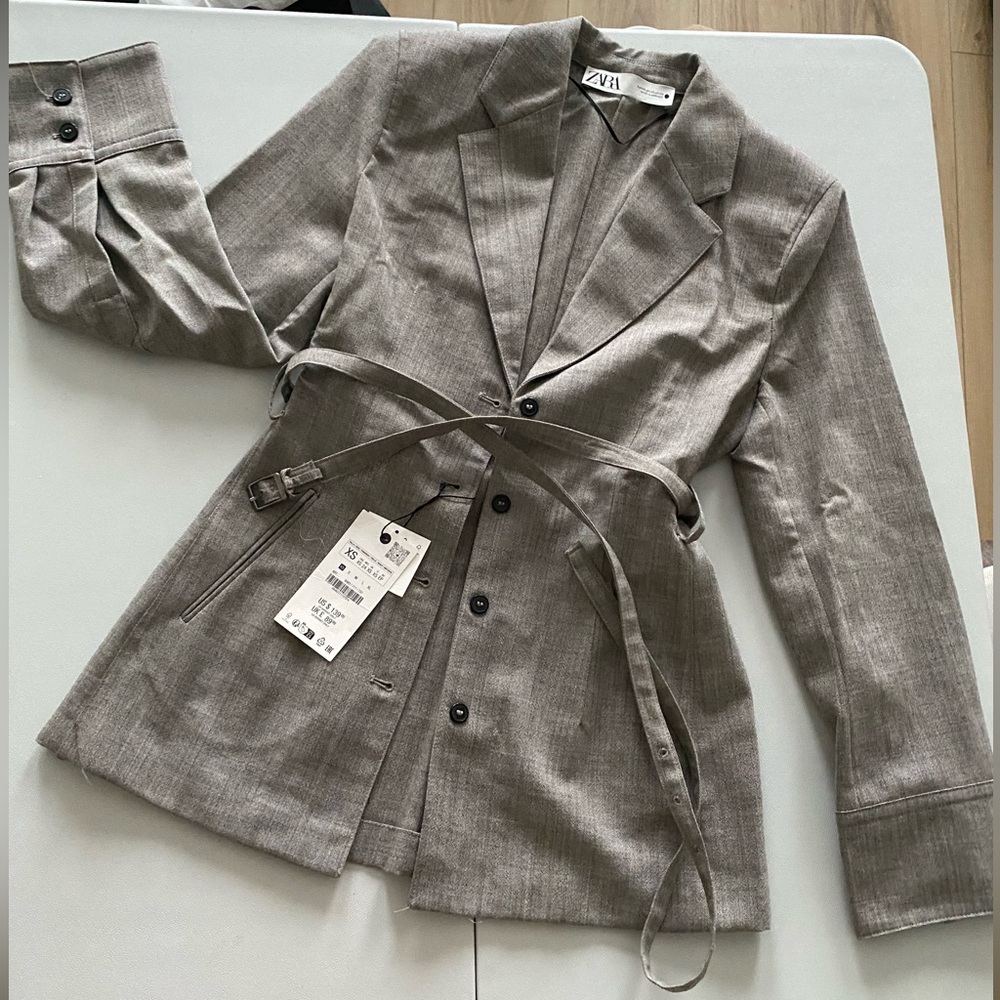 ZARA Brown Taupe 100% Wool Belted Blazer Jacket Coat  ZW Collection Gray XS NWT - Picture 4 of 16